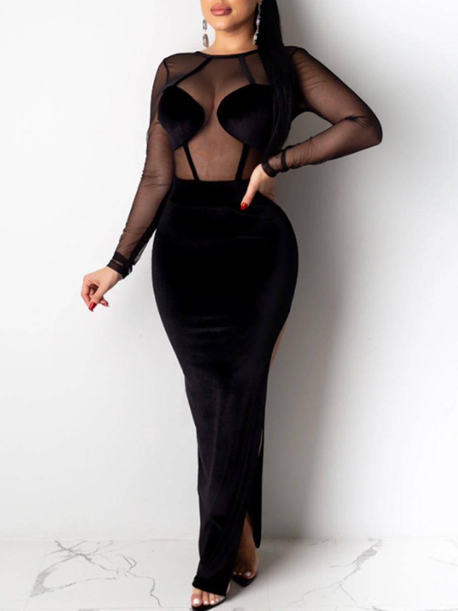 

LW SXY Velvet See-through Thigh Slit Prom Dress, Black