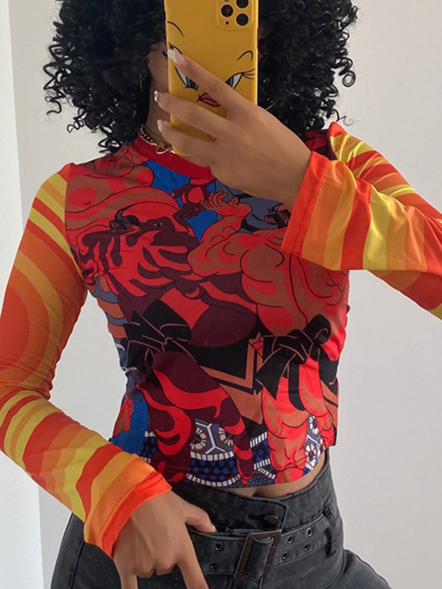 

LW Mixed Print Patchwork Pullover T-shirt, Orange