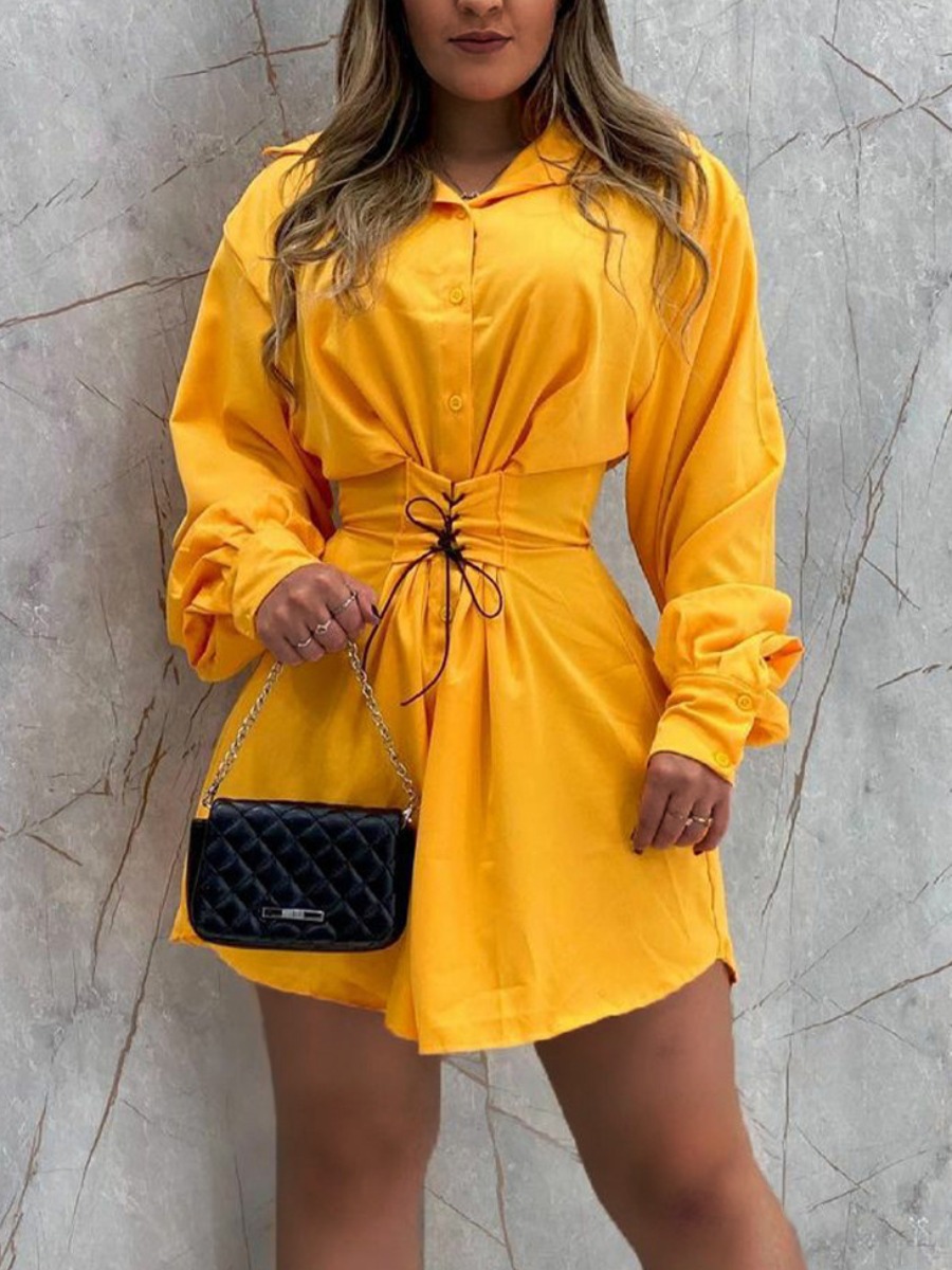 

LW Lantern Sleeve Button Design Shirt Dress, Yellow