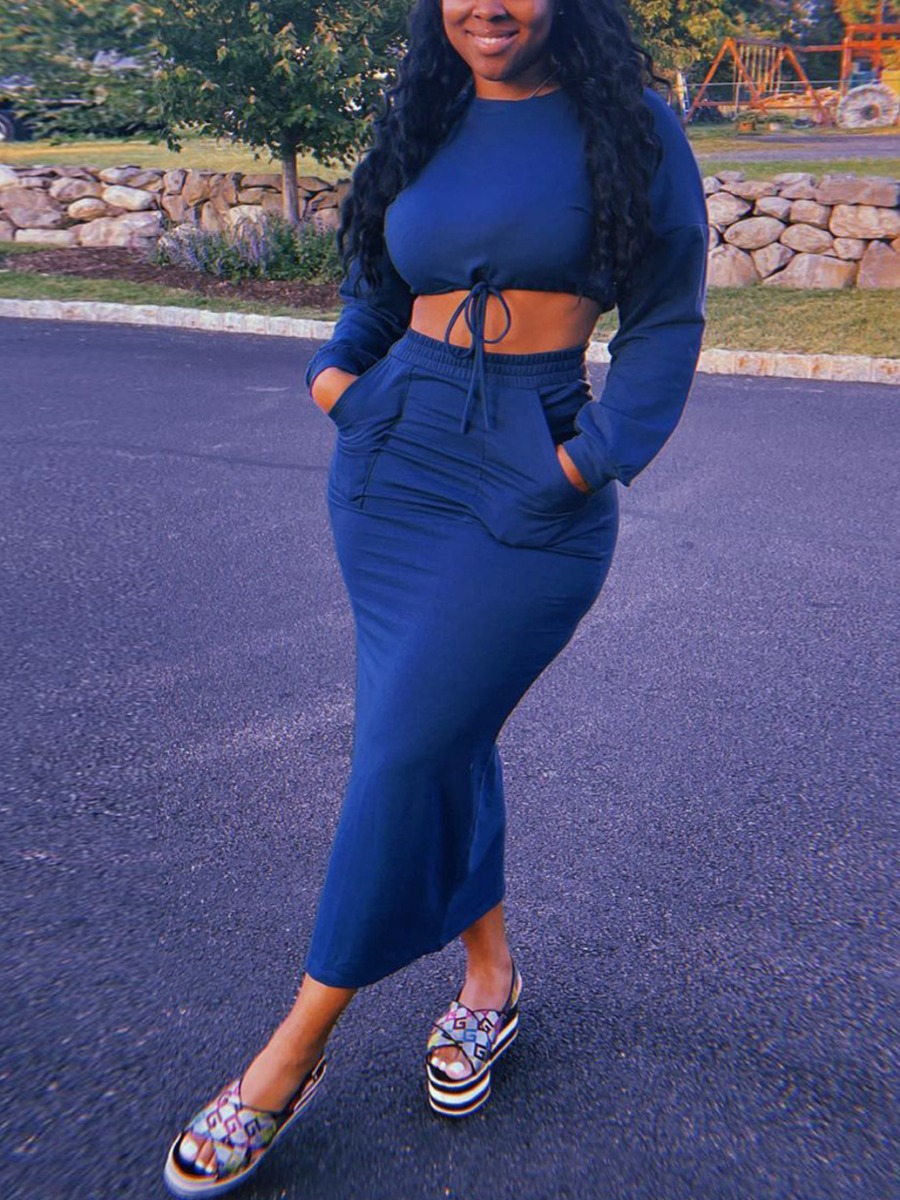 

LW Pocket Design Drawstring Crop Top Skirt Set, Blue