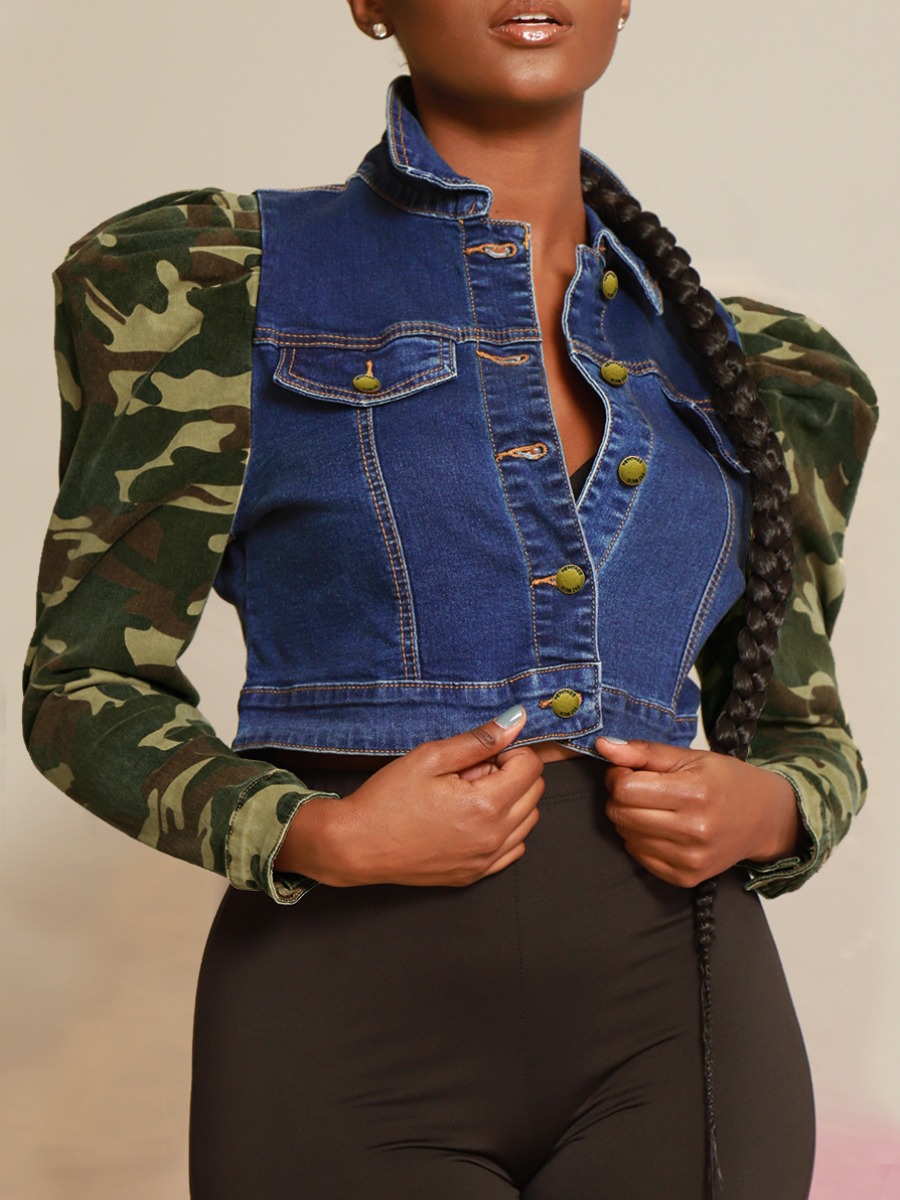 

LW Camo Print Puff Sleeve Denim Jacket, Blue camouflage