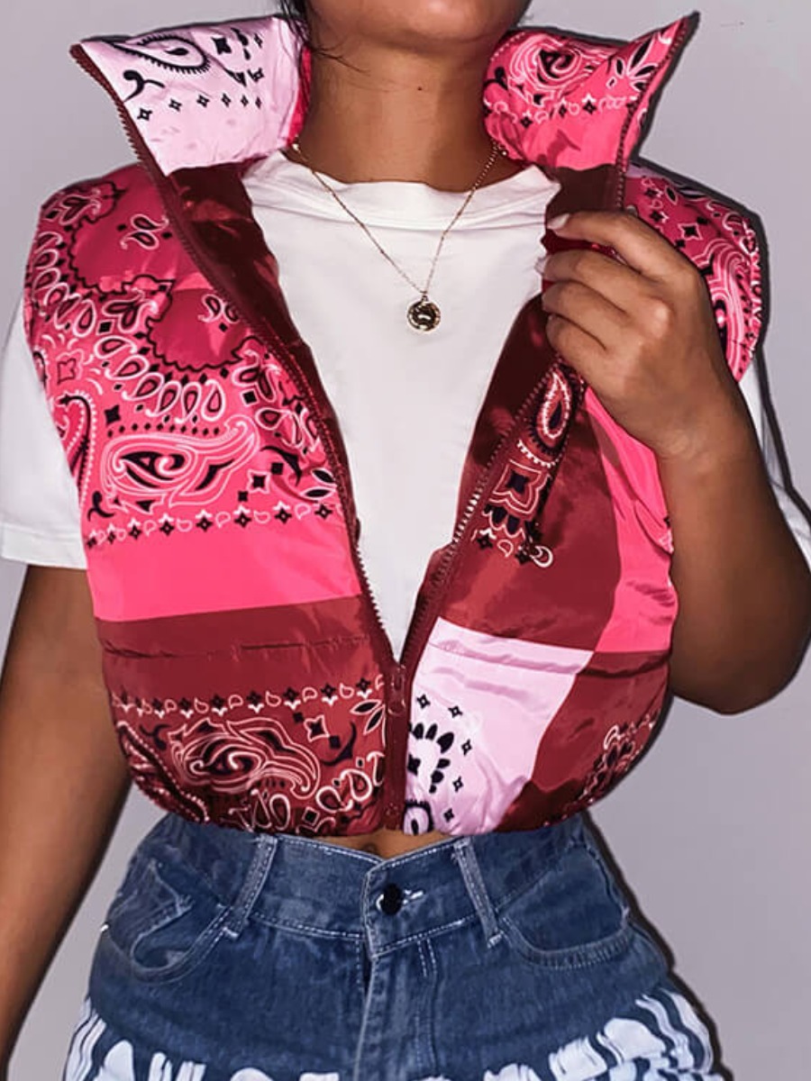 

LW Patchwork Cashew Print Zipper Design Vest, Rose red