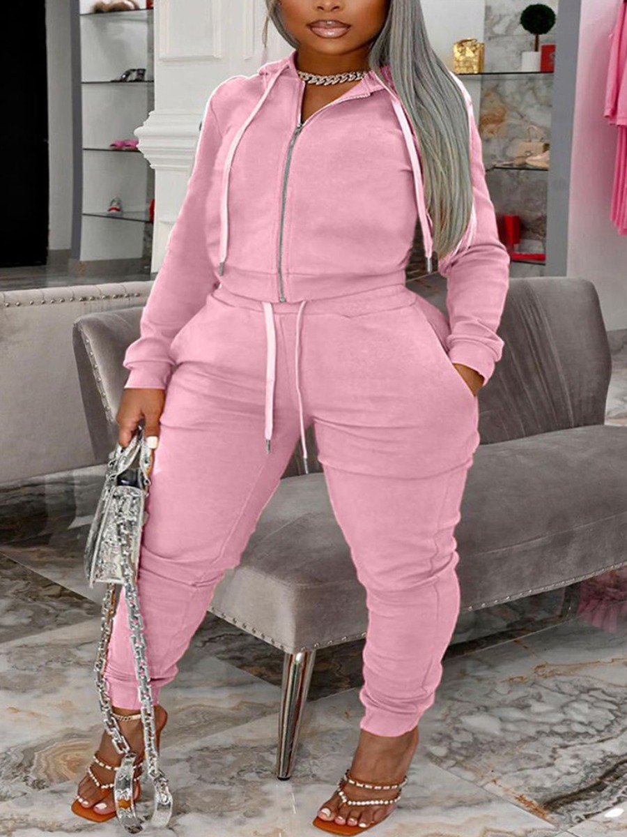 

LW BASICS Plus Size Drawstring Pocket Design Sweat Tracksuit Set, Pink