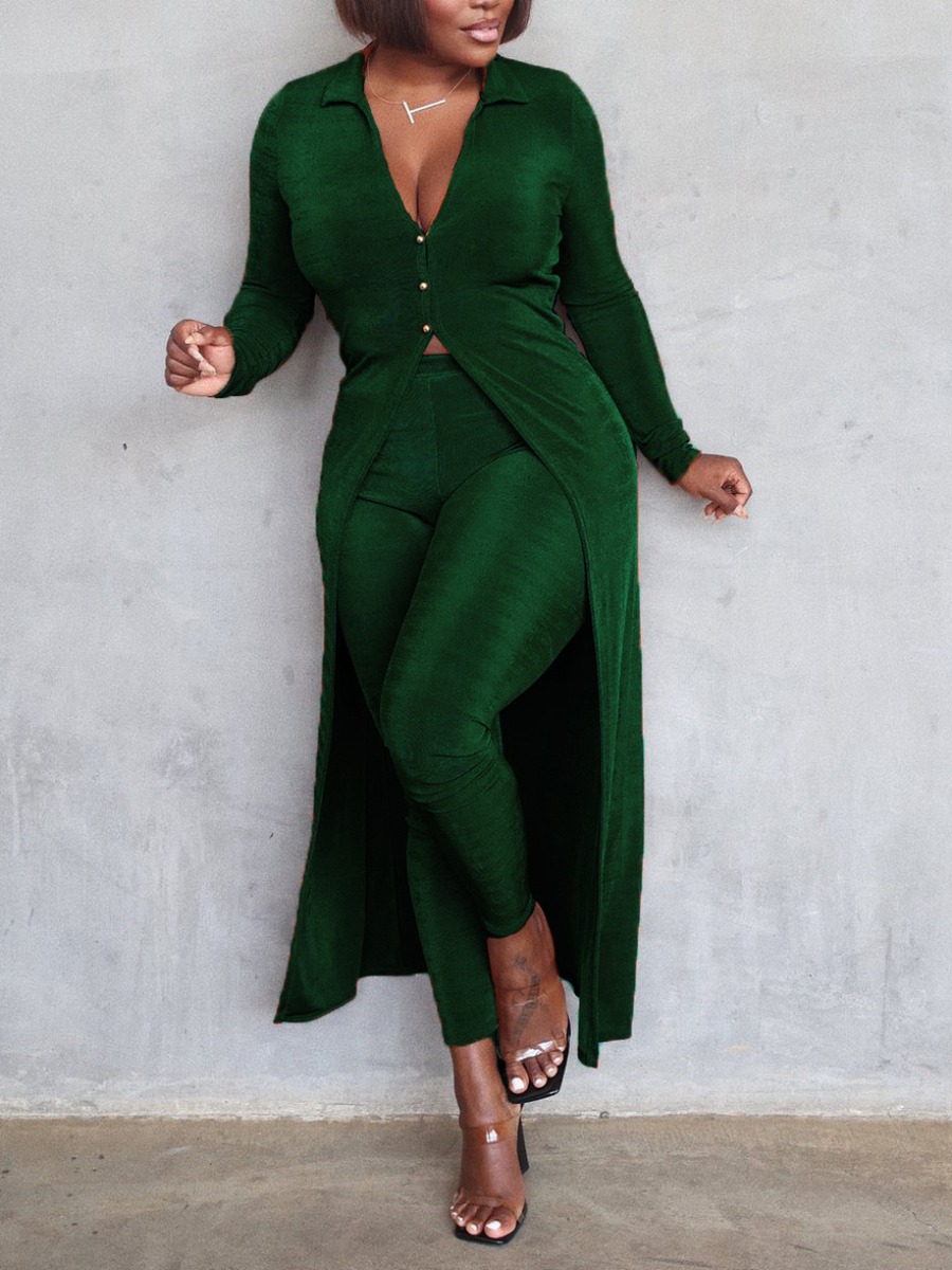 

LW Velvet Button Design Split Pants Set, Green