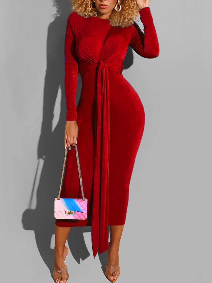 

LW Velvet Waist Tie Solid Bodycon Dress, Red