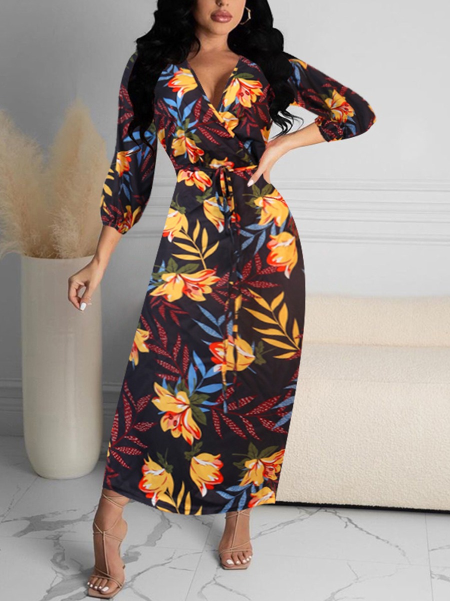 

LW Floral Print Waist Tie Dress, Black