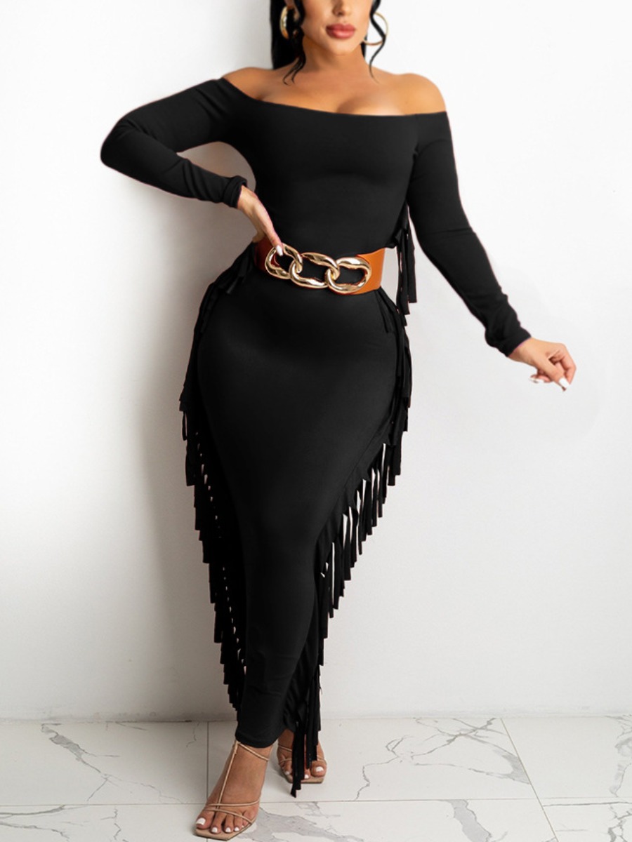 

LW Off The Shoulder Tassel Design Bodycon Dress (Whithout Belt), Black