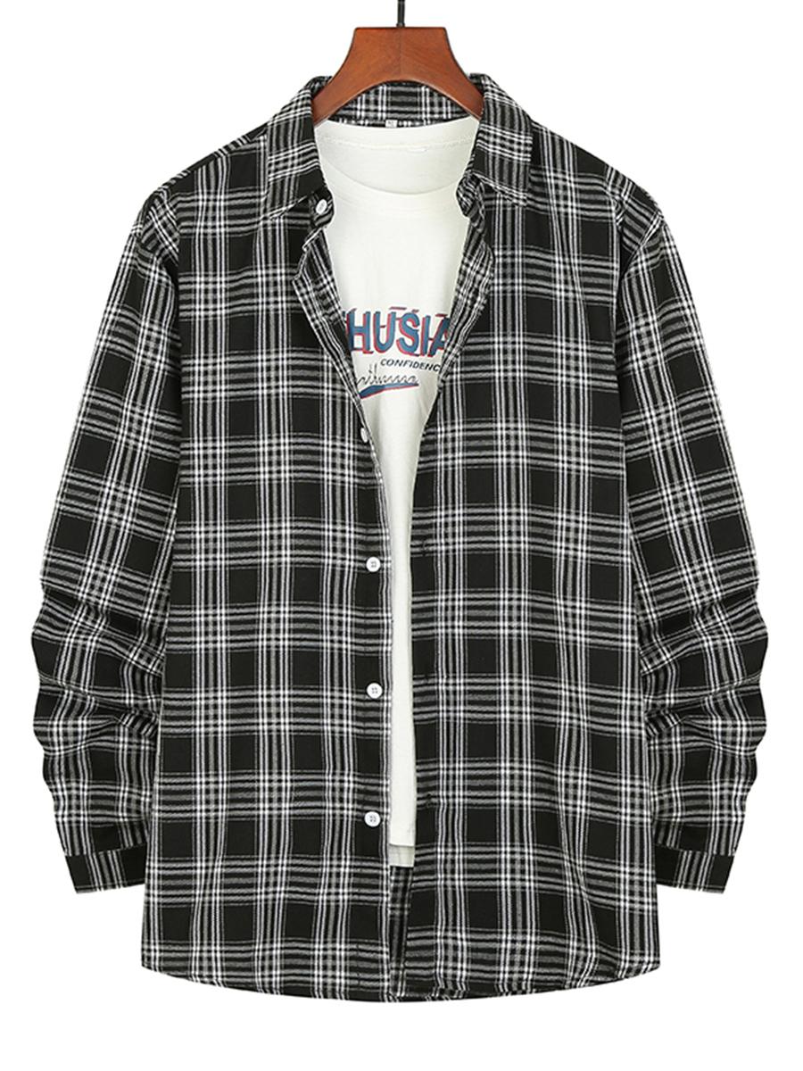 

LW Men Button Design Plaid Shirt, Black & white tartan