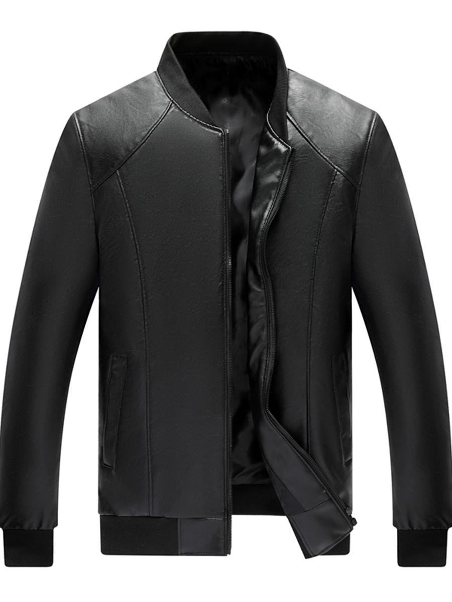 

LW BASICS Men Zipper Design Leather Jacket, Black