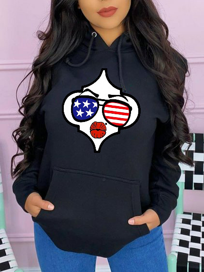 

LW American Flag Cartoon Print Hoodie, Black