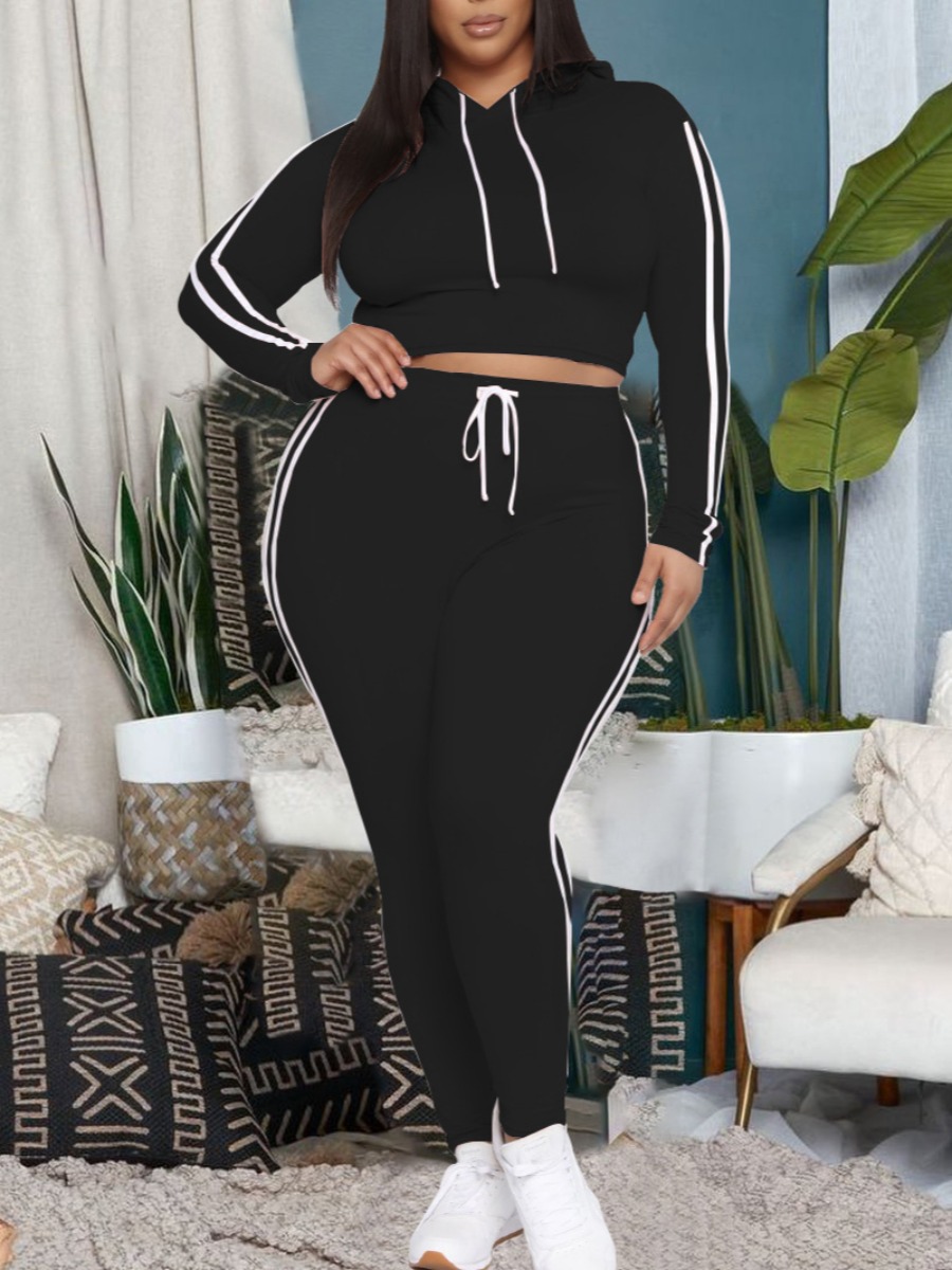 

LW Plus Size Striped Drawstring Skinny Tracksuit Set, Black