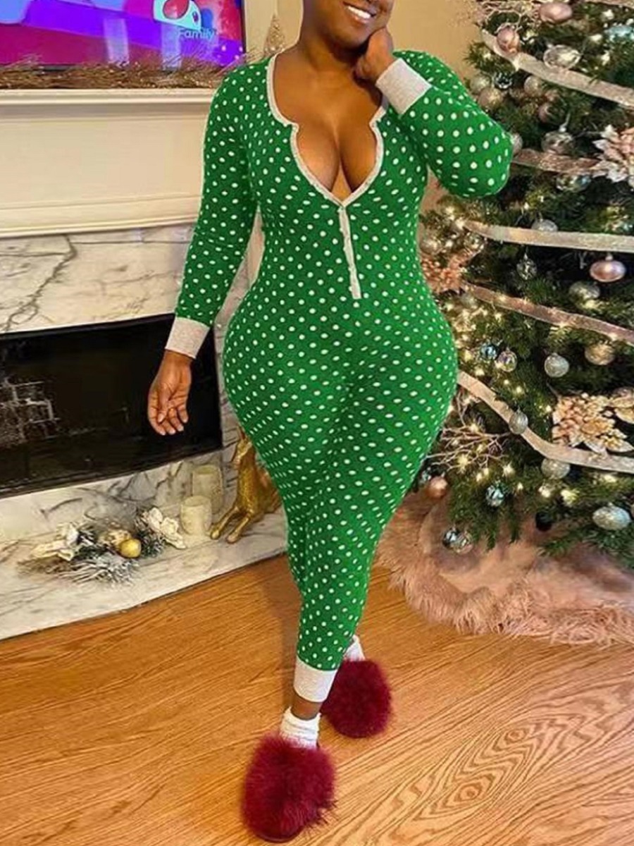 

LW Plus Size Dot Print Skinny Jumpsuit, Green