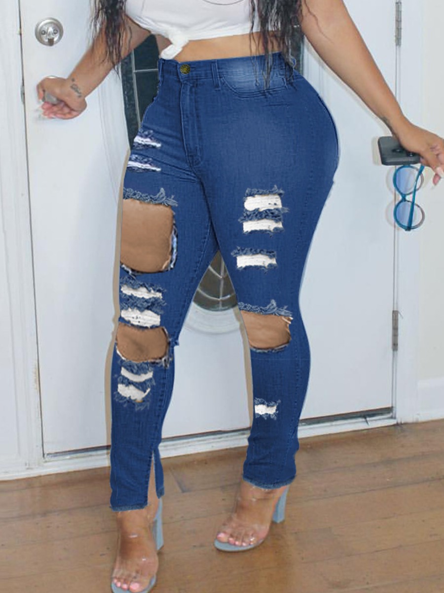 

LW Mid Waist High Stretchy Ripped Solid Skinny Jeans, Deep blue