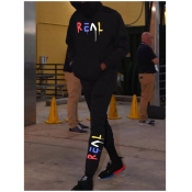 LW Men Casual Hooded Collar Letter Print Black Tra