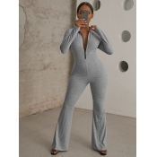 LW COTTON Zipper Design Basic Flared Jumpsuit