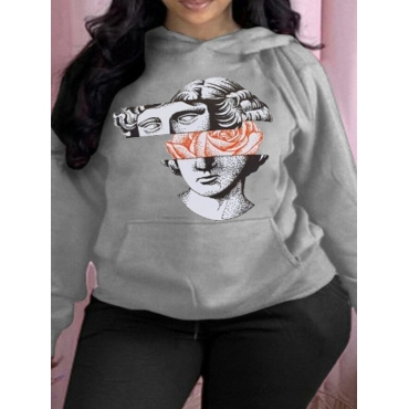 

LW Plus Size Figure Rose Flower Print Hoodie, Grey