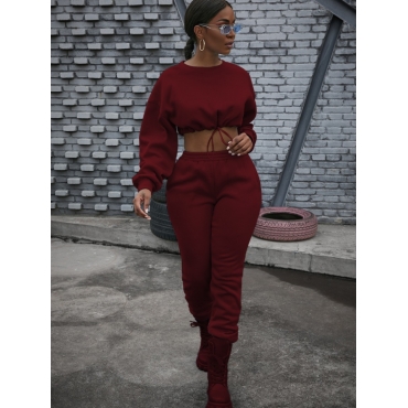 

LW Sweat Drawstring Crop Top Pants Set, Dull red