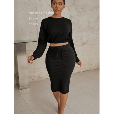 

LW Split Drawstring Crop Top Skirt Set, Black