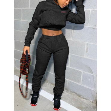LW Casual Hooded Collar Letter Print Black Two Piece Pants Set, lovely, Two-piece Pants Set  - buy with discount
