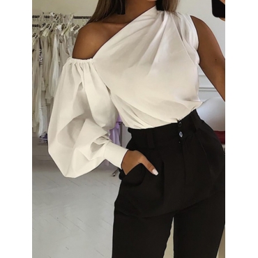 

LW One Shoulder Fold Design Blouse, White