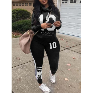 

LW Plus Size Drawstring Letter Striped Print Tracksuit Set, Black
