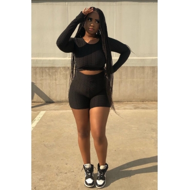 

LW BASICS Round Neck Pineapple Grid Shorts Set, Black