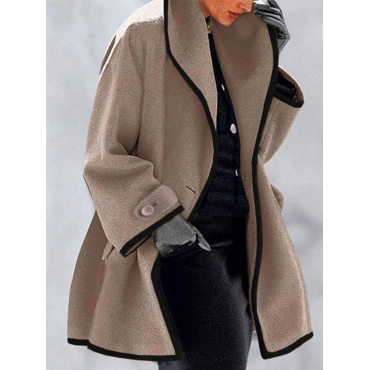 

LW Plus Size Striped Edge Button Decoration Wool, Light camel