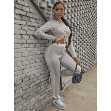 

LW Cotton Drawstring Striped Patchwork Pants Set, Grey