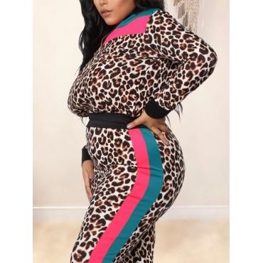 

LW BASICS Plus Size Leopard Print Striped Panel Tracksuit Set
