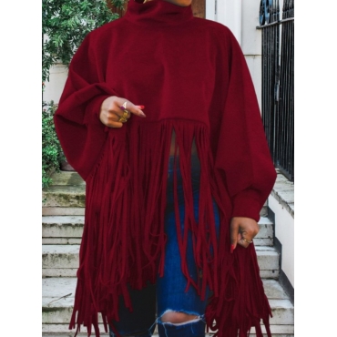 

LW Lantern Sleeve Tassel Design Sweatshirt, Wine red