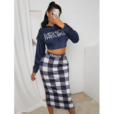 

LW Trendy Hooded Collar Letter Plaid Print Black Two Piece Skirt Set