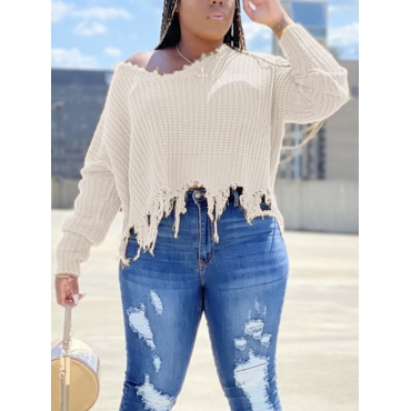 

LW Plus Size Tassel Design Pullover Sweater, White