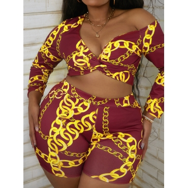 

LW SXY Plus Size Drop Shoulder Chain Print Shorts Set, Wine red