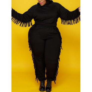 

LW Plus Size Hooded Collar Tassel Design Pants Set, Black