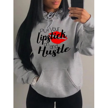 

LW Plus Size Pocket Design Lip Print Letter Hoodie, Grey