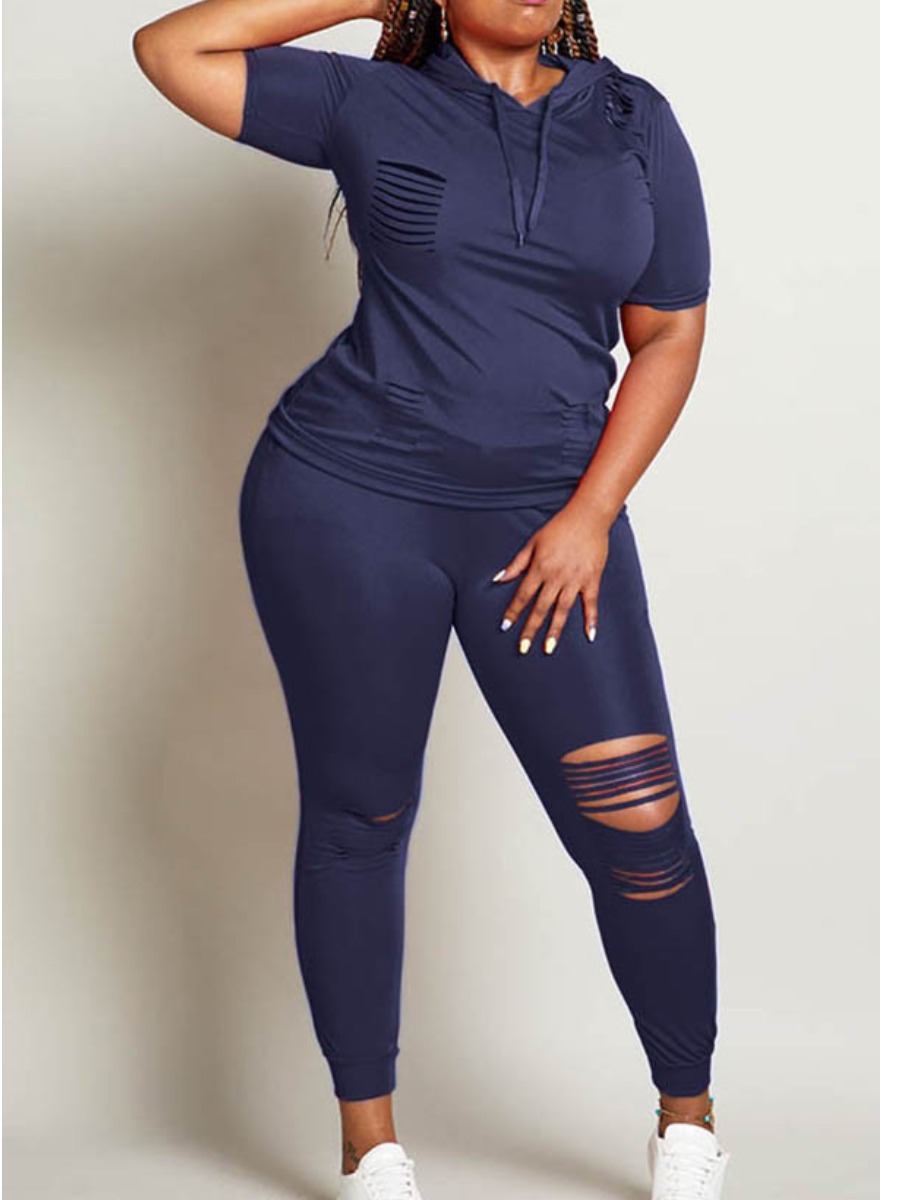 

LW Plus Size Ripped Pullover Basic Pants Set, Dark blue