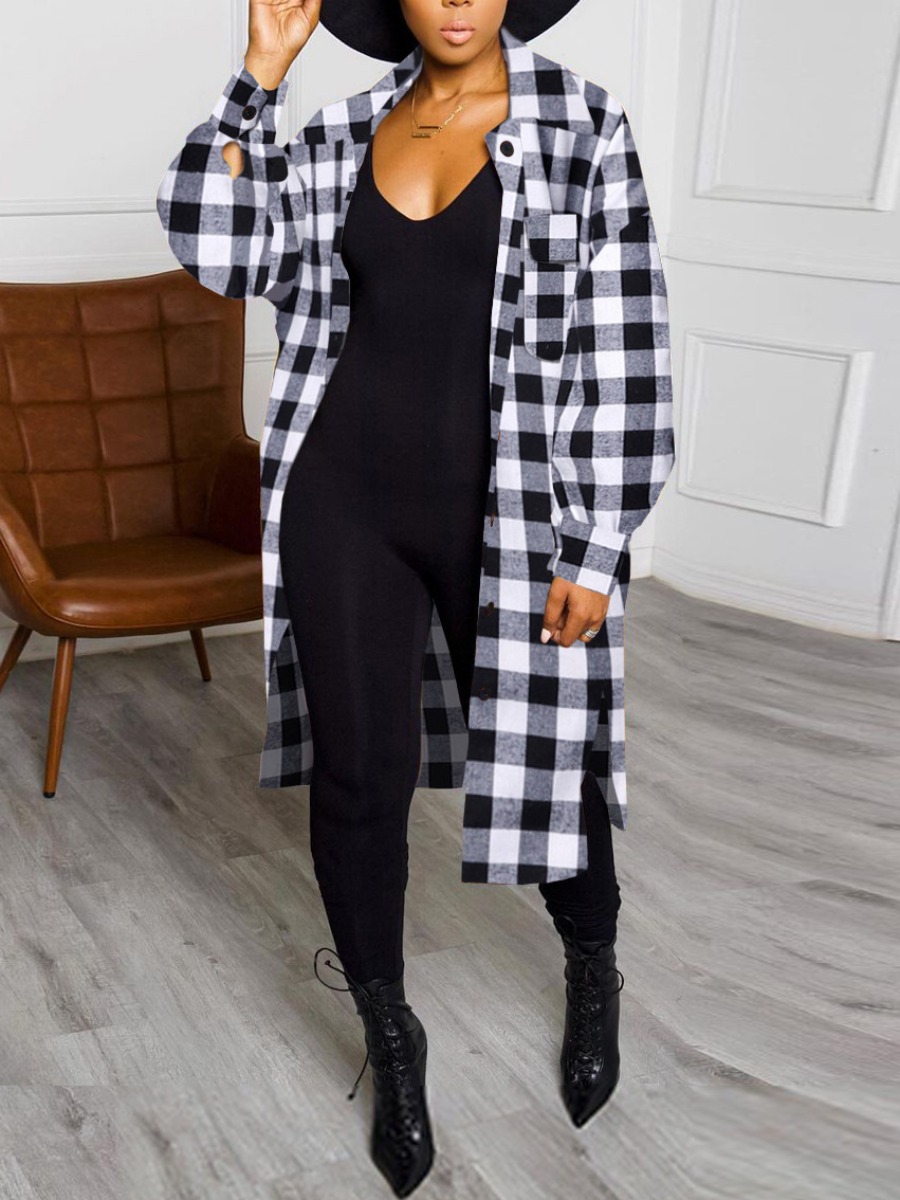 

LW Pocket Design Button Plaid Wool Overcoat, Black & white tartan