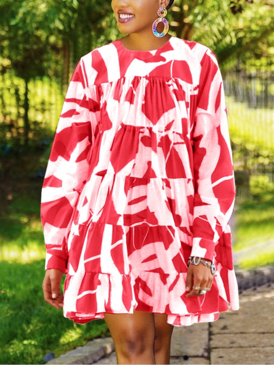 

LW Ruffle Design Patchwork Dress, Red