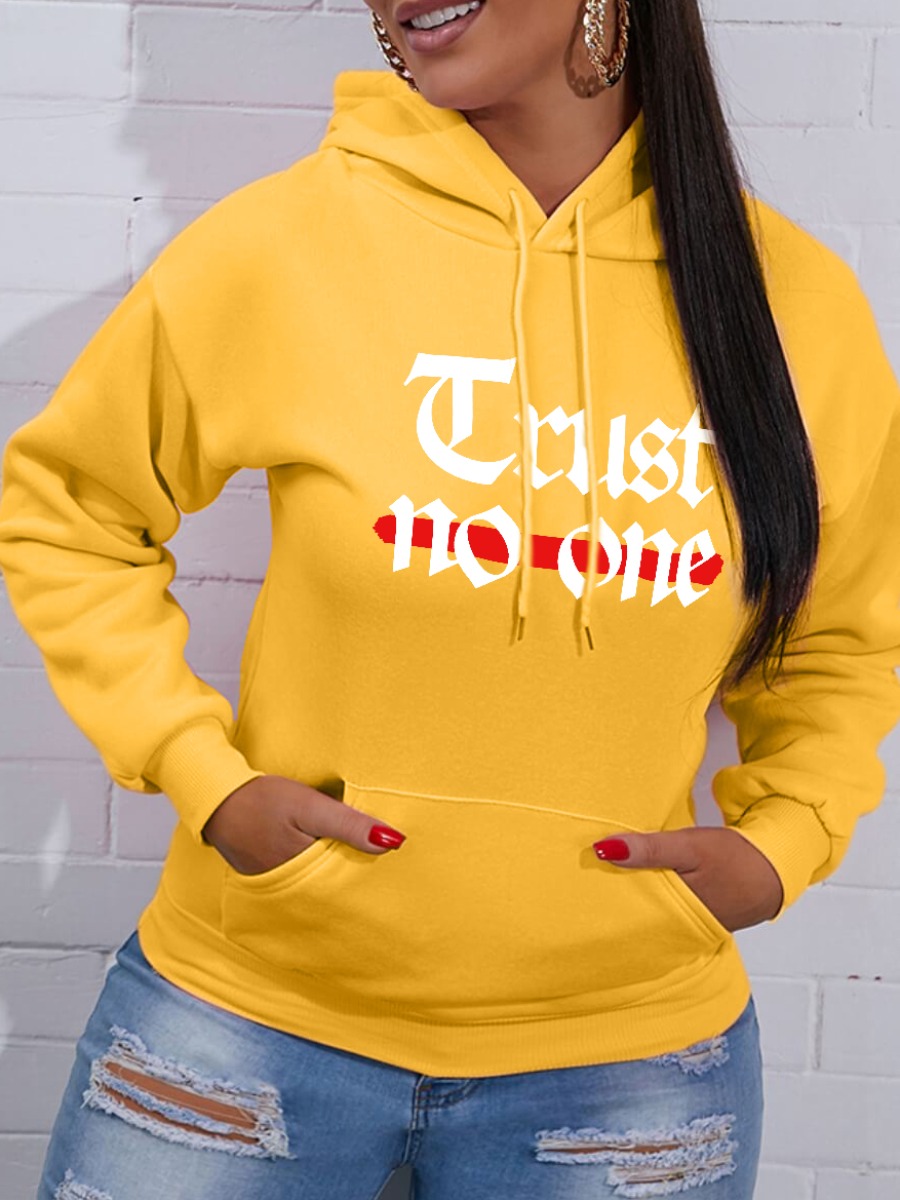 

LW Letter Print Kangaroo Pocket Hoodie, Yellow