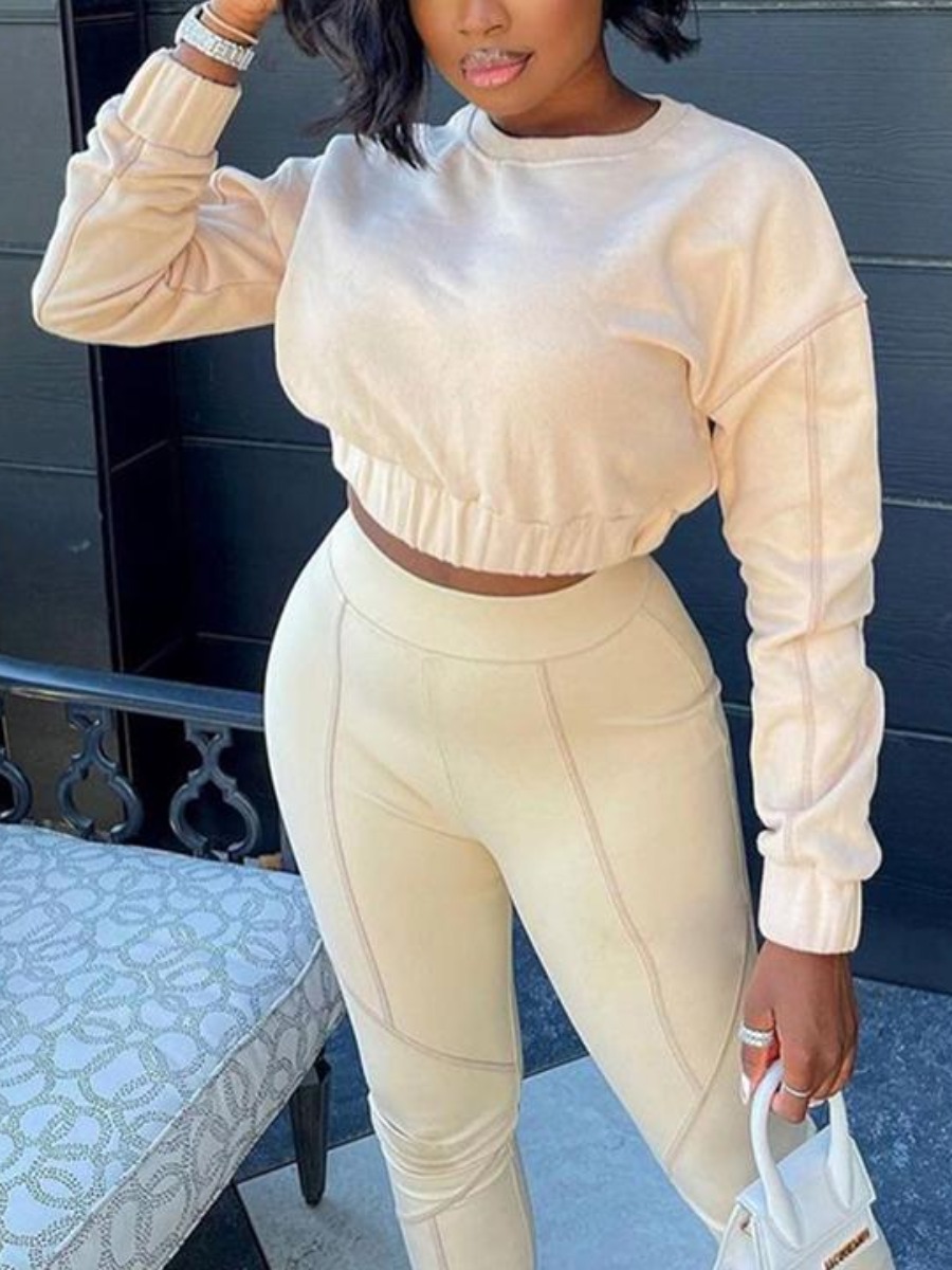 

LW Pullover Crop Top Pants Set, Apricot