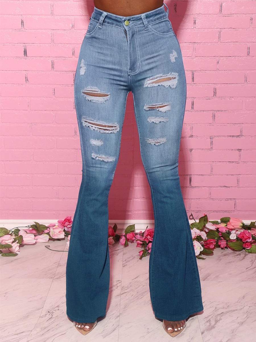 

LW Gradient Ripped Flared Jeans, Blue