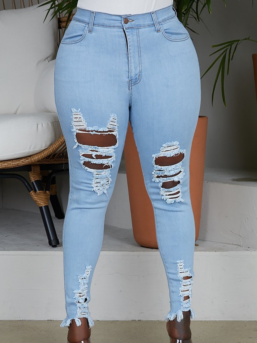 

LW Plus Size High-waisted Ripped Raw Edge Jeans, Baby blue