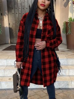 LW Button Design Plaid Trench Coat