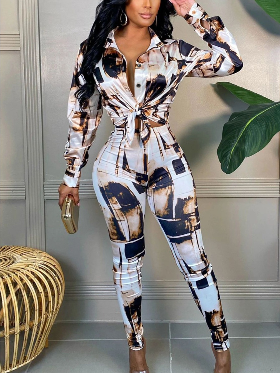 

LW Tie-dye High-waisted Pants Set, White