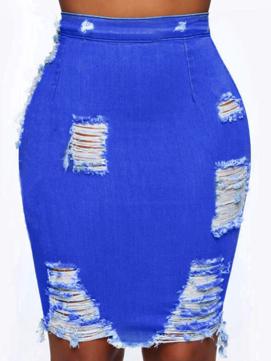 

LW Stretchy Ripped Solid Denim Skirt, Deep blue