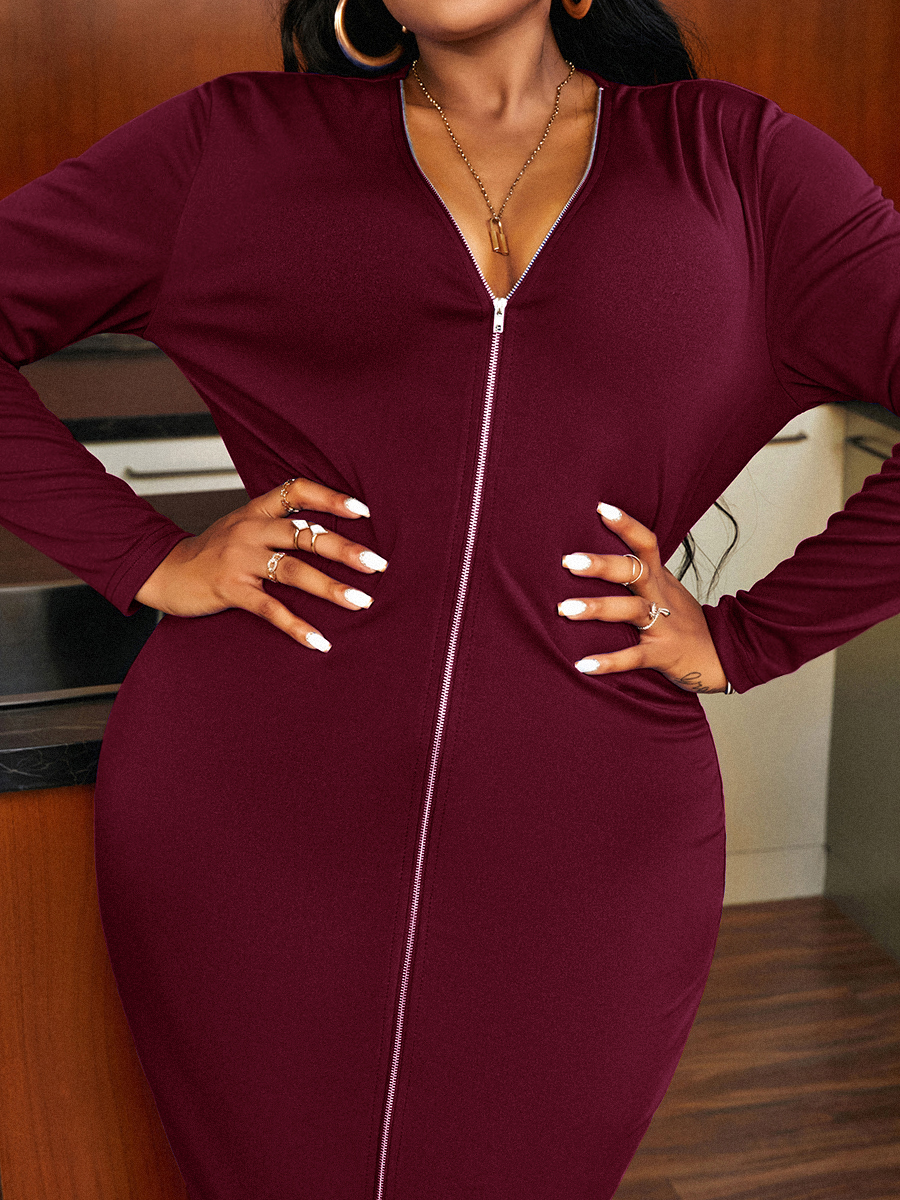 LW BASICS Plus Size V Neck Zipper Design Bodycon Dress 4X