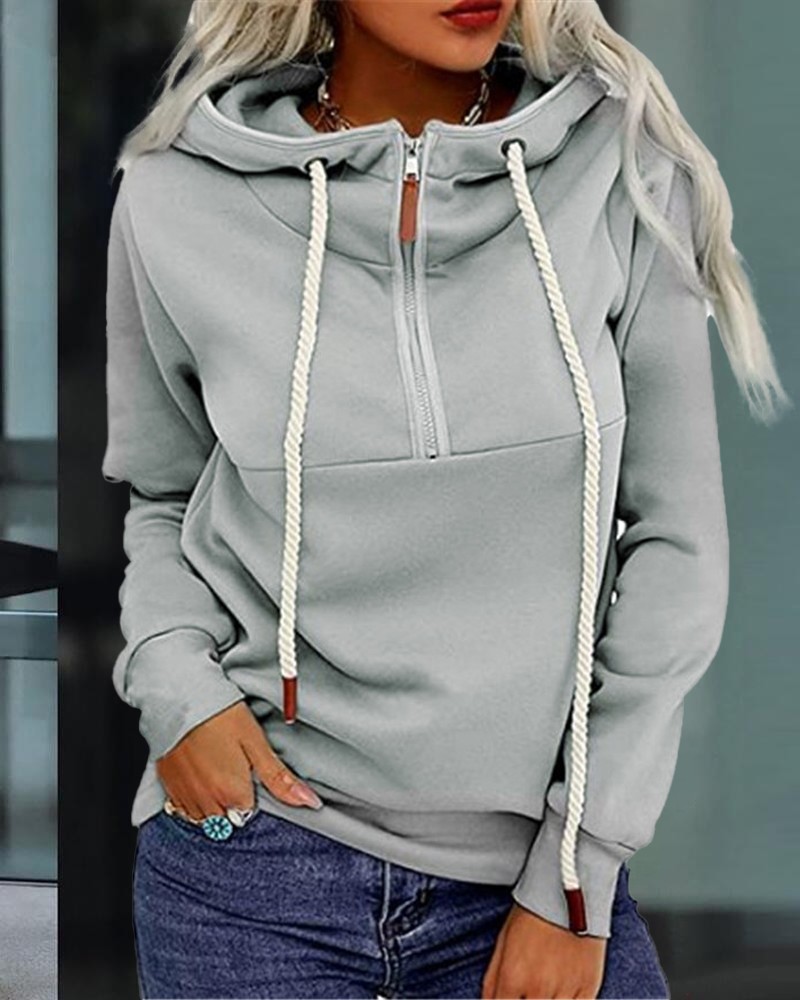 

LW Hooded Collar Zipper Design Hoodie, Grey
