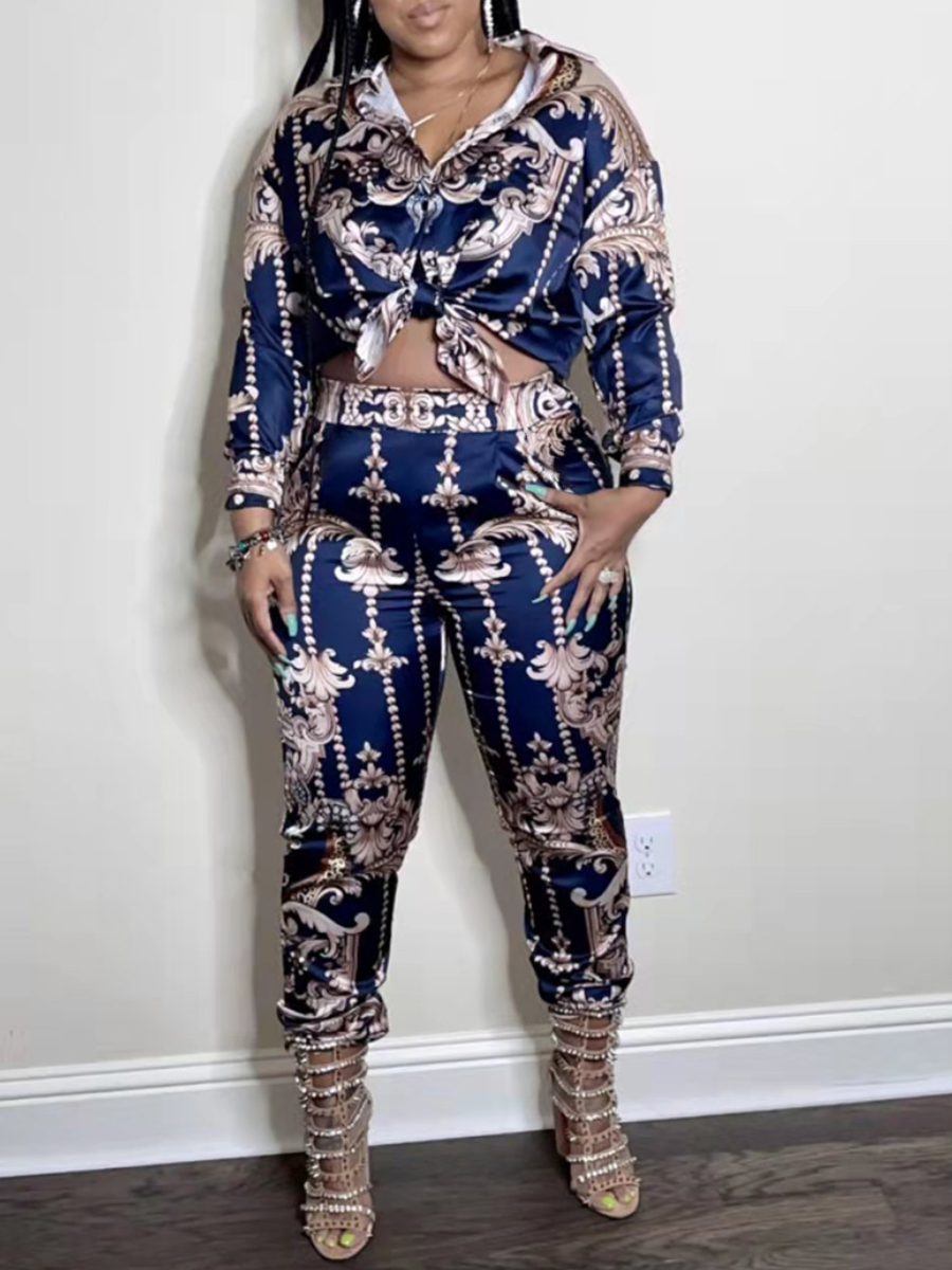

LW Plus Size Mixed Print High-waisted Pants Set, Dark blue