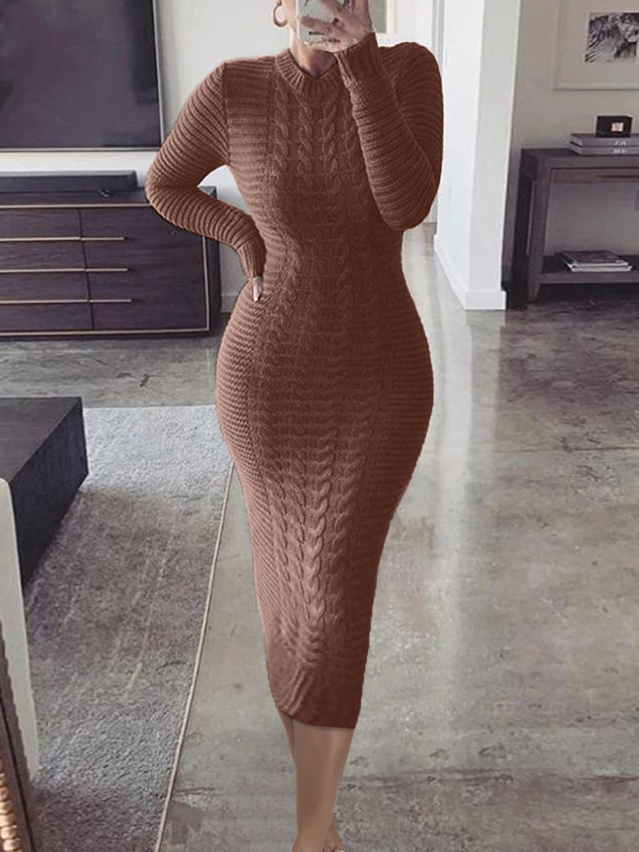 

LW Round Neck Sweater Bodycon Dress, Brown