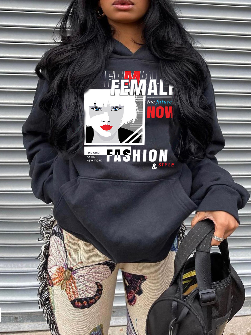 

LW Plus Size Figure Letter Print Hoodie, Black